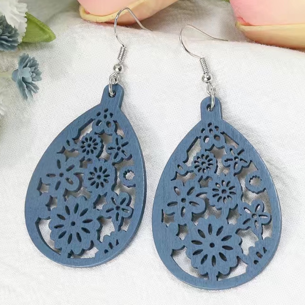 NEW Wooden Teardrop Flower Cut Hook/Dangle Earrings - blue - Picture 1 of 1